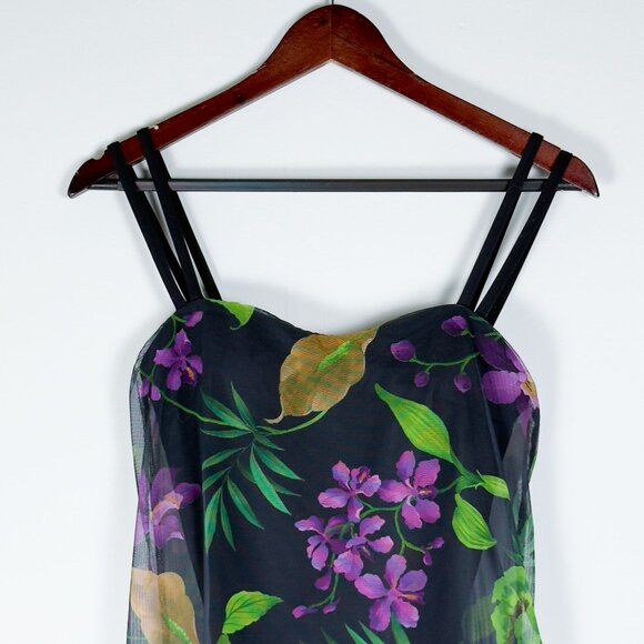 SOLD Vintage 90s Purple Floral Black One Piece Bathing Suit Mesh Swim Dress - Picture 2 of 10